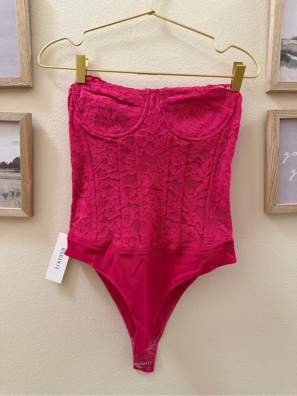 Bardot Hot Pink Lace Bustier Thong Bodysuit